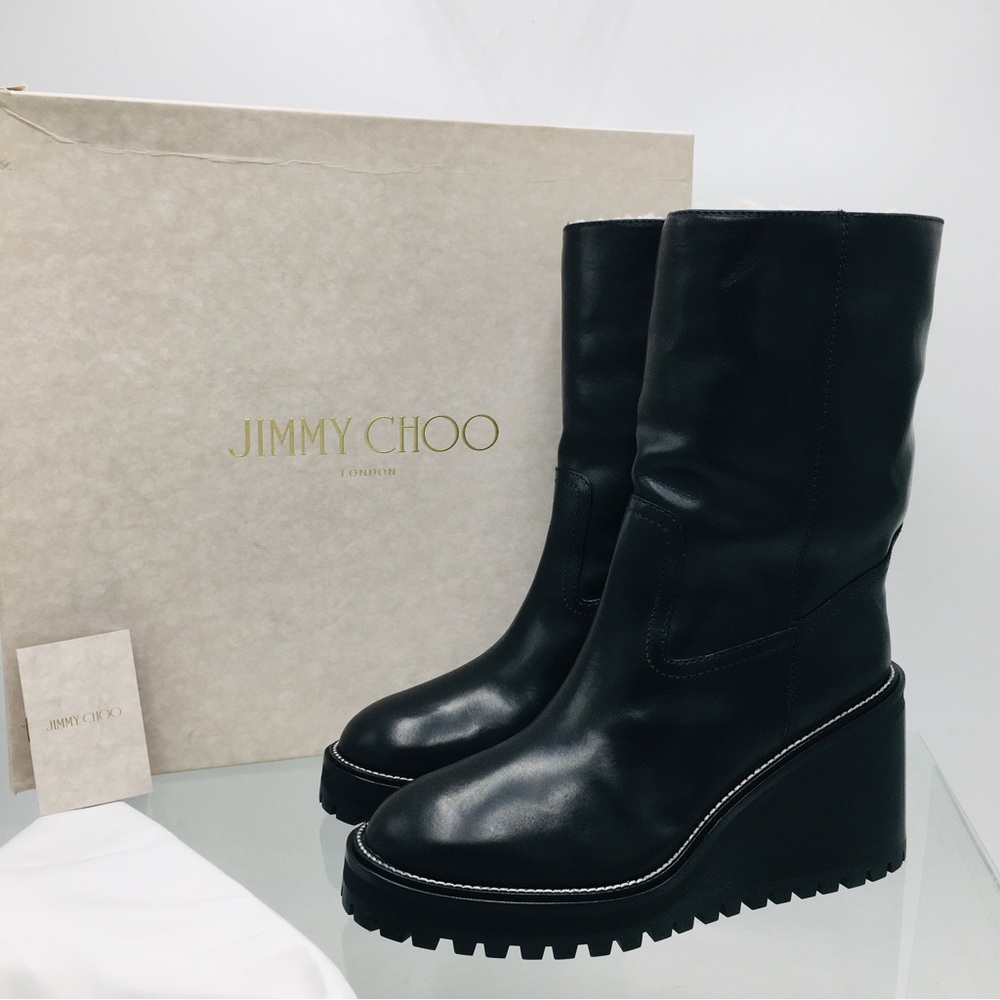 NWB Jimmy Choo YOLA 80 Black Soft Vachetta Leather / Shearling Wedge Heel Boots